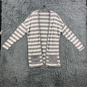 Poof Cardigan Sweater Womens Large Striped Gray White Long Sleeve Pockets